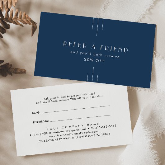 Carte De Référencement EVERLY Classic Art Deco Navy Blue Refer A Friend
