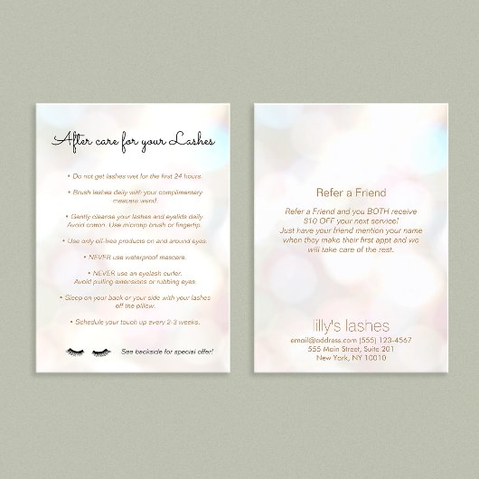 Carte De Référencement Eyelash Instructions de soins postérieurs Référenc