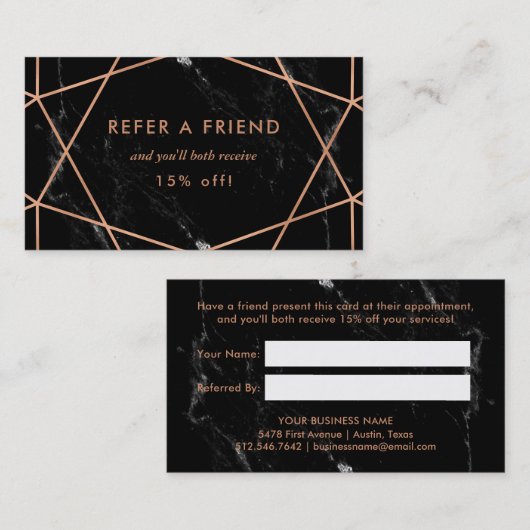 Carte De Référencement Faux Rose Gold Géométrique sur le marbre noir Réfé (Devant / Derrière)