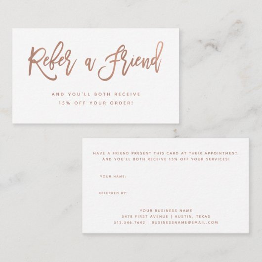 Carte De Référencement Faux Rose Gold sur le script moderne blanc (Devant / Derrière)