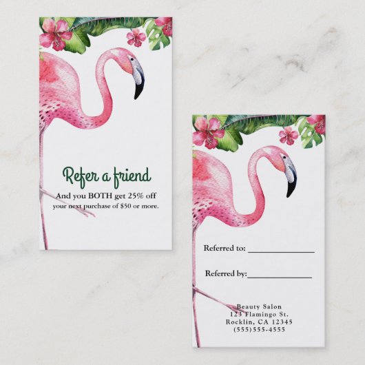 Carte De Référencement Flamant rose rose & Hibiscus Tropical Référer un a (Devant / Derrière)