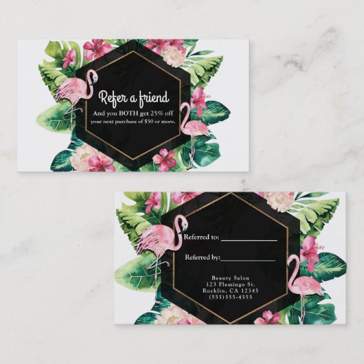 Carte De Référencement Flamants roses d'Hibiscus Feuille tropicaux à reco (Devant / Derrière)