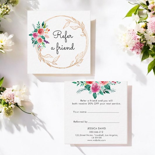 Carte De Référencement Floral Rose or rose Aquarelle Fleurs blanches