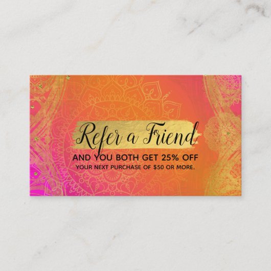 Carte De Référencement Fuchsia Pink Orange & Gold Mandala Référer un ami (Devant)