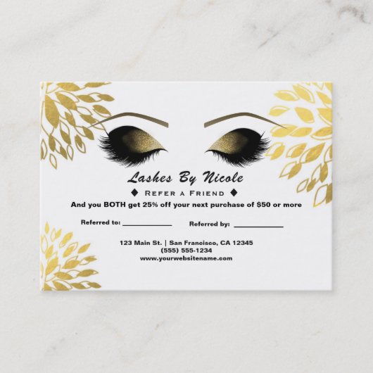 Carte De Référencement Gold Floral Chic Eyelashes Référer Amis Aftercare (Devant)