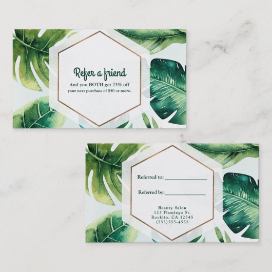 Carte De Référencement Green Tropical Feuille White Elegant Référer un am (Devant / Derrière)