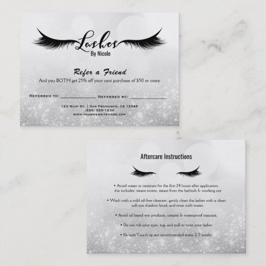 Carte De Référencement Lashes recommander un ami Instruction post-soins A (Devant / Derrière)