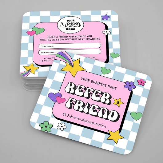 Carte De Référencement Logo Retro Super tendance Rose Bleu Référer un ami