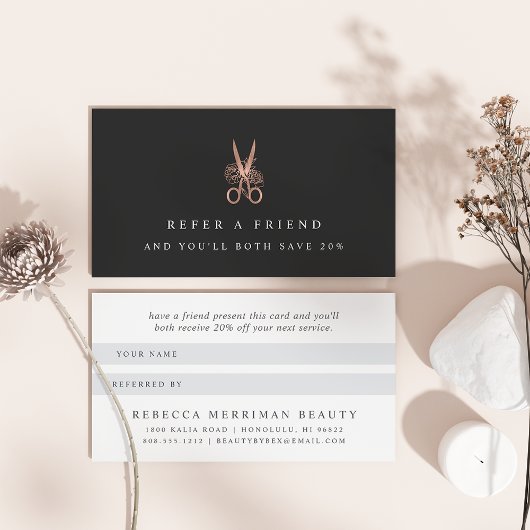 Carte De Référencement Logo rose Gold Floral Ciseaux | Salon