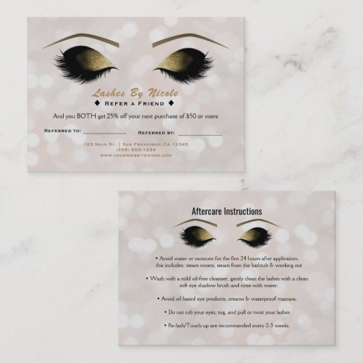 Carte De Référencement Luminaires blancs Lashes de maquillage Référer Ami (Devant / Derrière)