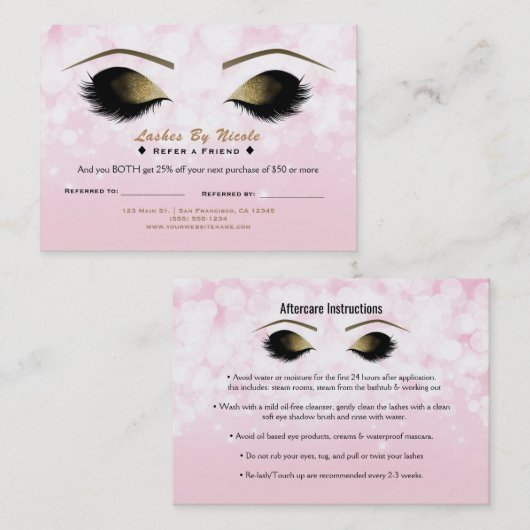 Carte De Référencement Luminaires roses Lashes de maquillage Référez-vous (Devant / Derrière)