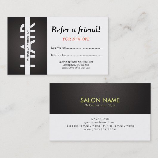 Carte De Référencement Maquillage moderne noir blanc cheveux aiguiser une (Devant / Derrière)