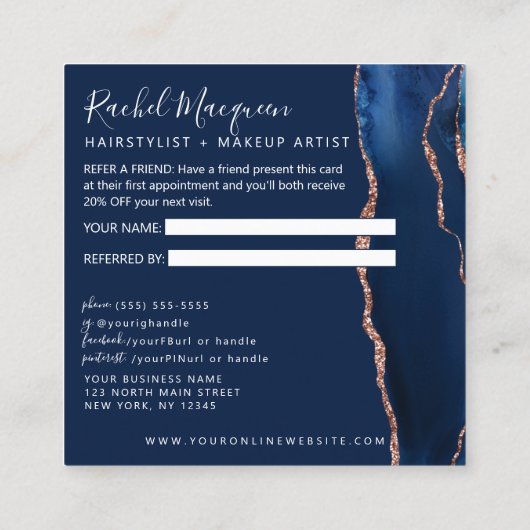 Carte De Référencement Marbre d'agate d'or Rose bleu marine (Dos)