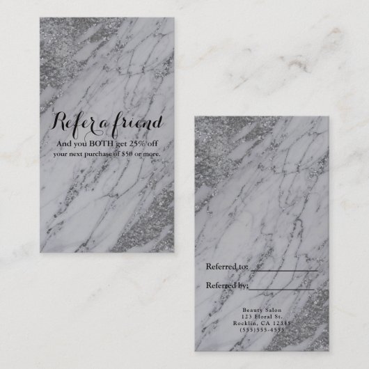 Carte De Référencement Marbre moderne tendance Silver Glam Référer un ami (Devant / Derrière)