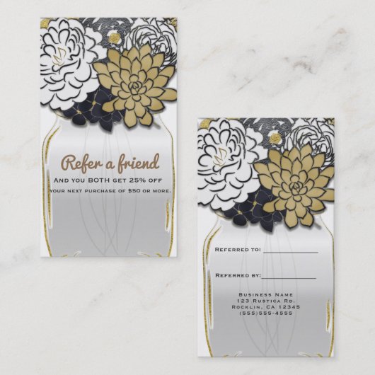 Carte De Référencement Mason Jar Flowers Rustic Grey Gold Référer un ami (Devant / Derrière)