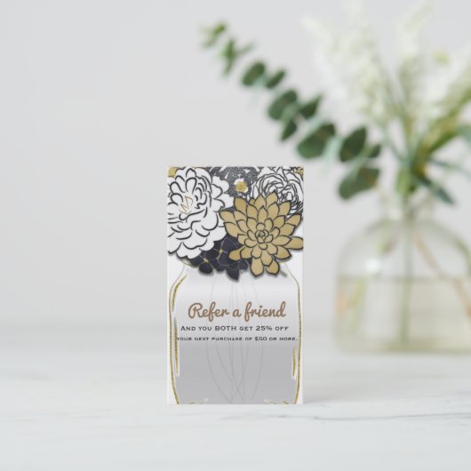 Carte De Référencement Mason Jar Flowers Rustic Grey Gold Référer un ami (Debout devant)
