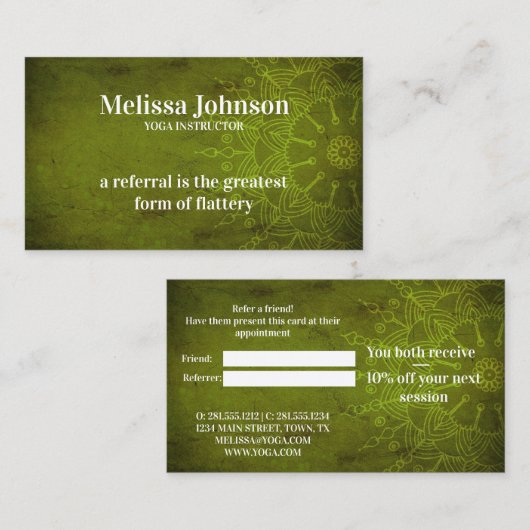 Carte De Référencement Méditation de Yoga vert foncé Mandala Référer un a (Devant / Derrière)