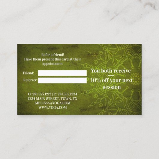 Carte De Référencement Méditation de Yoga vert foncé Mandala Référer un a (Dos)