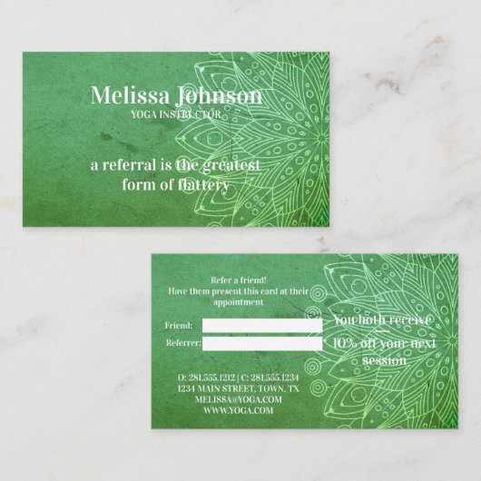Carte De Référencement Méditation de Yoga vert Mandala Référer un ami (Devant / Derrière)
