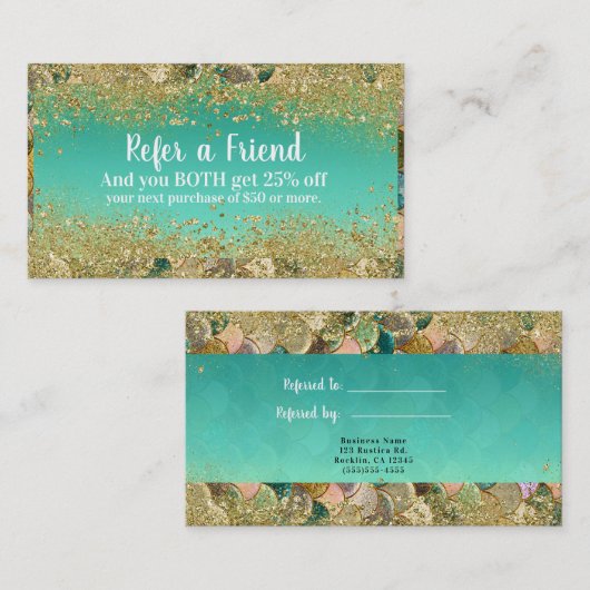 Carte De Référencement Mermaid Scales Gold Parties scintillant Référer un (Devant / Derrière)