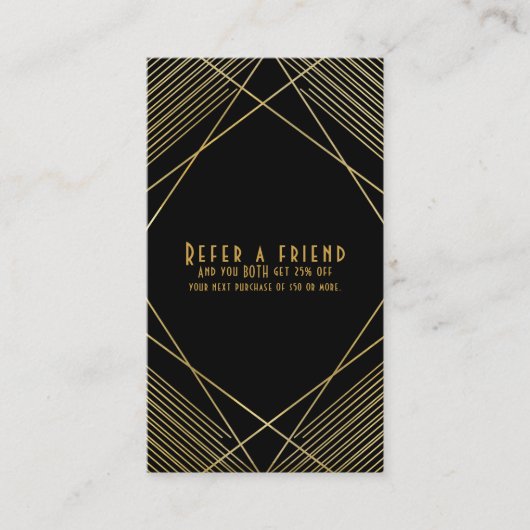 Carte De Référencement Or Noir Élégant Moderne Glam Deco Référez un Ami (Devant)