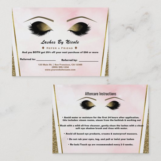 Carte De Référencement Parties scintillant en or rose Lashes Référencez A (Devant / Derrière)