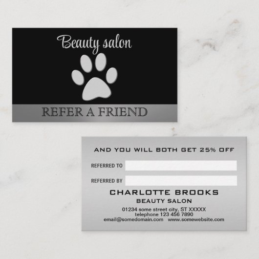 Carte De Référencement Paw Chien Argent sur arrière - plan noir (Devant / Derrière)