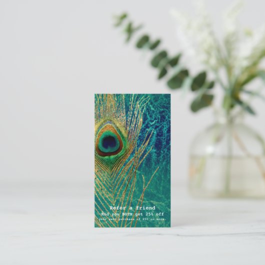 Carte De Référencement Peacock Feather Blue Turquoise Gold Boho Référer u (Debout devant)