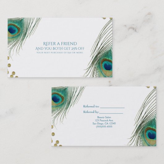 Carte De Référencement Peacock Feathers & Gold Boho Glam Référer un ami (Devant / Derrière)