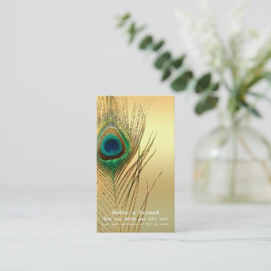 Carte De Référencement Peacock Plumes Or Boho Exotique Référer Un Ami (Debout devant)