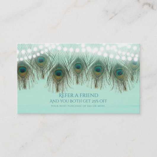 Carte De Référencement Plumes de paon & Lumières Rustique Réferer un ami (Devant)