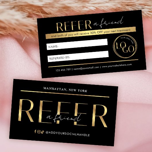 Carte De Référencement Refer A Friend Modern Black & Gold Logo Salon Spa