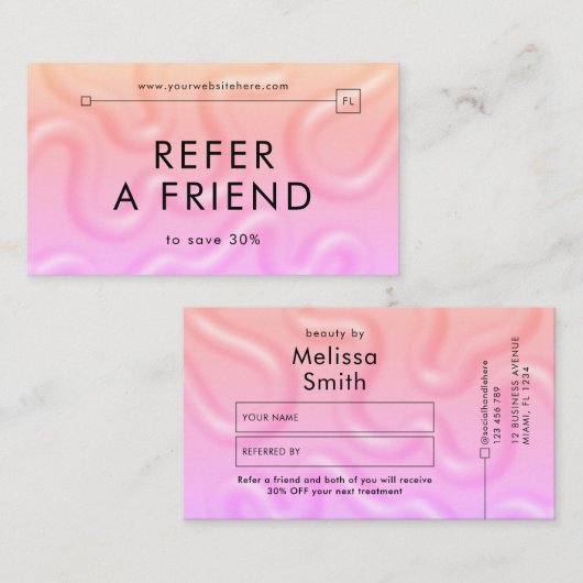 Carte De Référencement Refer a Friend Neon Pink Girly Hair Makeup Lashes (Devant / Derrière)