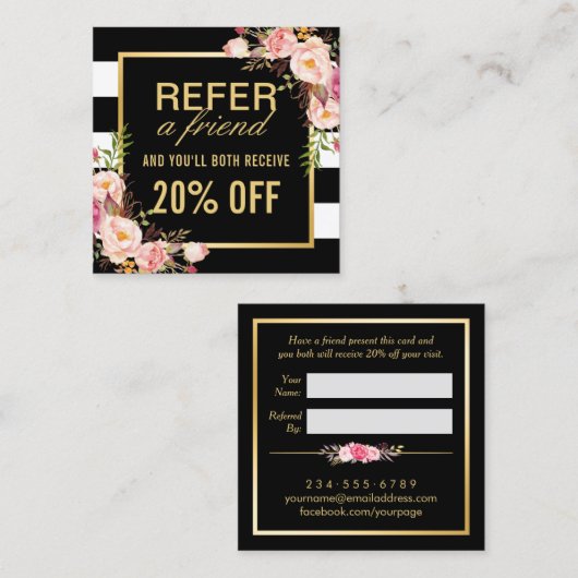 Carte De Référencement Référer un ami Floral Gold Black White (Devant / Derrière)