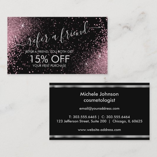 Carte De Référencement Référer un ami - Parties scintillant rose - Argent (Devant / Derrière)