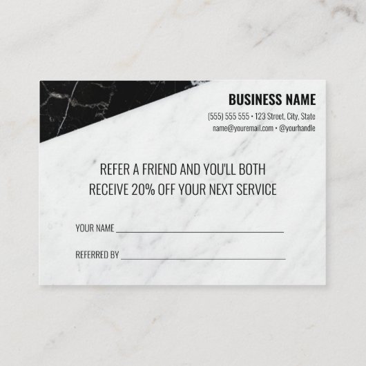 Carte De Référencement Référez un ami Black White Marble Business Salon (Dos)