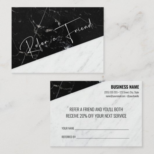 Carte De Référencement Référez un ami Black White Marble Business Salon (Devant / Derrière)