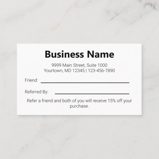 Carte De Référencement Référez un ami Noir et Blanc Simple Business (Dos)