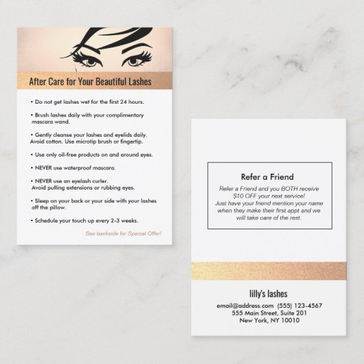 Carte De Référencement Rose Gold Eyelash Extensions post-soins aiguillage (Devant / Derrière)