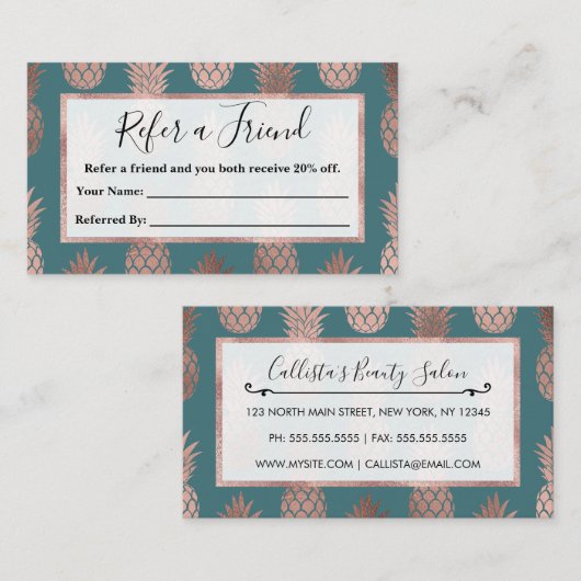 Carte De Référencement Rose moderne Gold Turquoise Motif d'ananas vert  (Devant / Derrière)