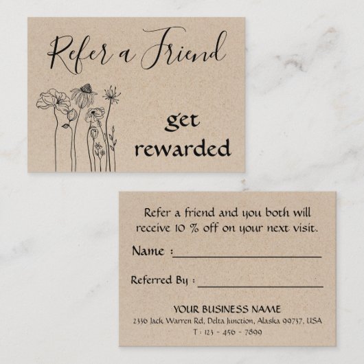 Carte De Référencement Rustique Kraft & Fleur sauvage Professionnel   (Devant / Derrière)