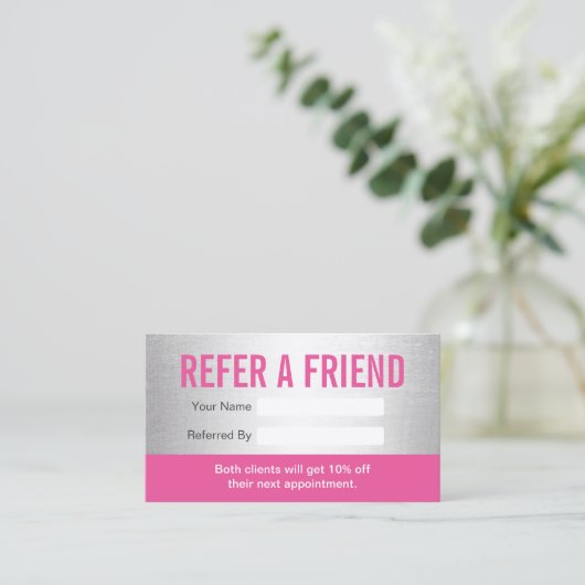 Carte De Référencement Salon de beauté moderne rose et argent & Spa (Debout devant)