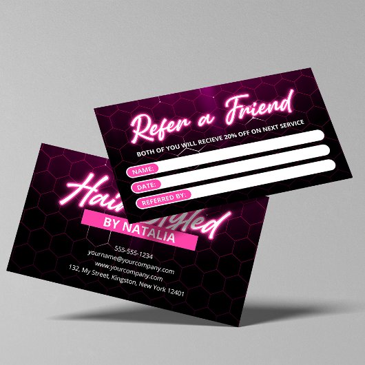 Carte De Référencement Salon de coiffure moderne aux néons roses "Parrain