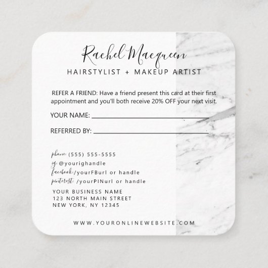 Carte De Référencement Script moderne en marbre noir blanc (Dos)