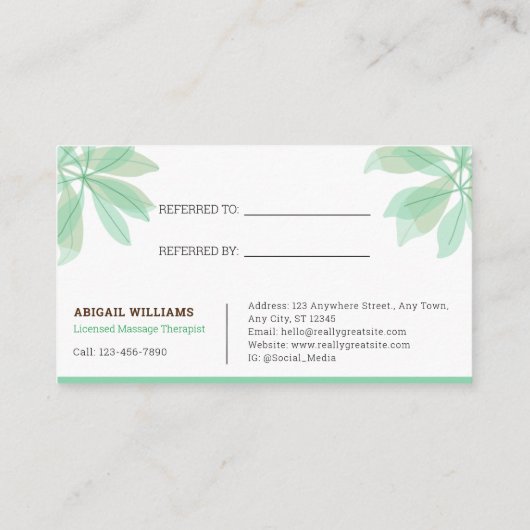 Carte de référencement: Service de massothérapie (Dos)