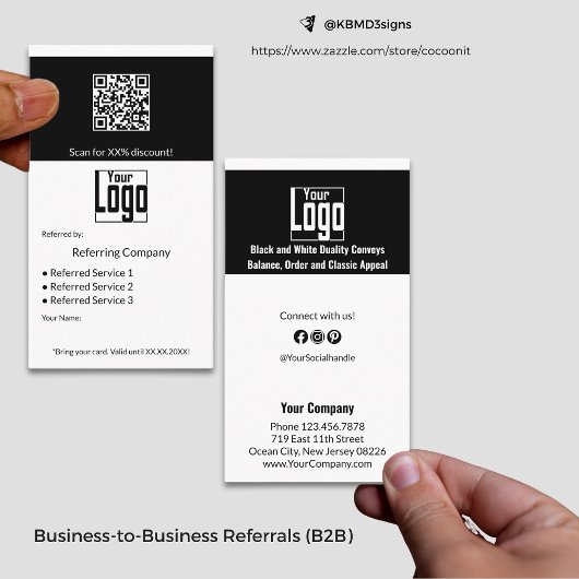 Carte De Référencement Services minimaux en noir et blanc QR Code B2B