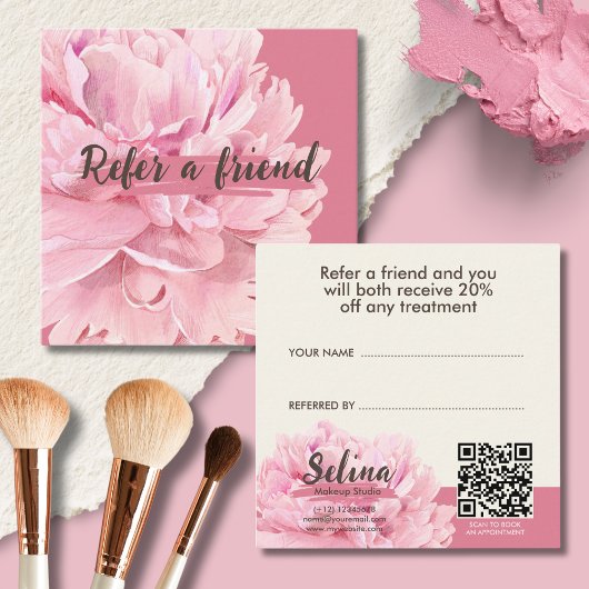 Carte De Référencement Studio De Maquillage Floral Rose Pink Crème Élégan