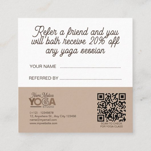 Carte De Référencement Studio de Yoga Motif Brown beige moderne (Dos)