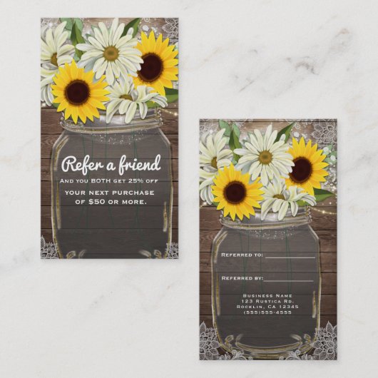 Carte De Référencement Sunflowers & Daisies Mason Jar Référer un ami (Devant / Derrière)