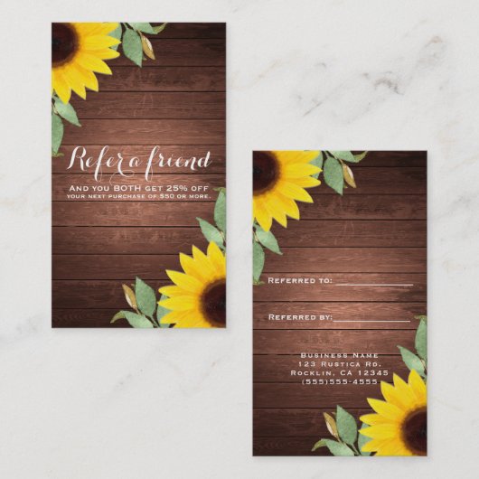 Carte De Référencement Sunflowers Rustic Honey Wood Chic Référer un ami (Devant / Derrière)